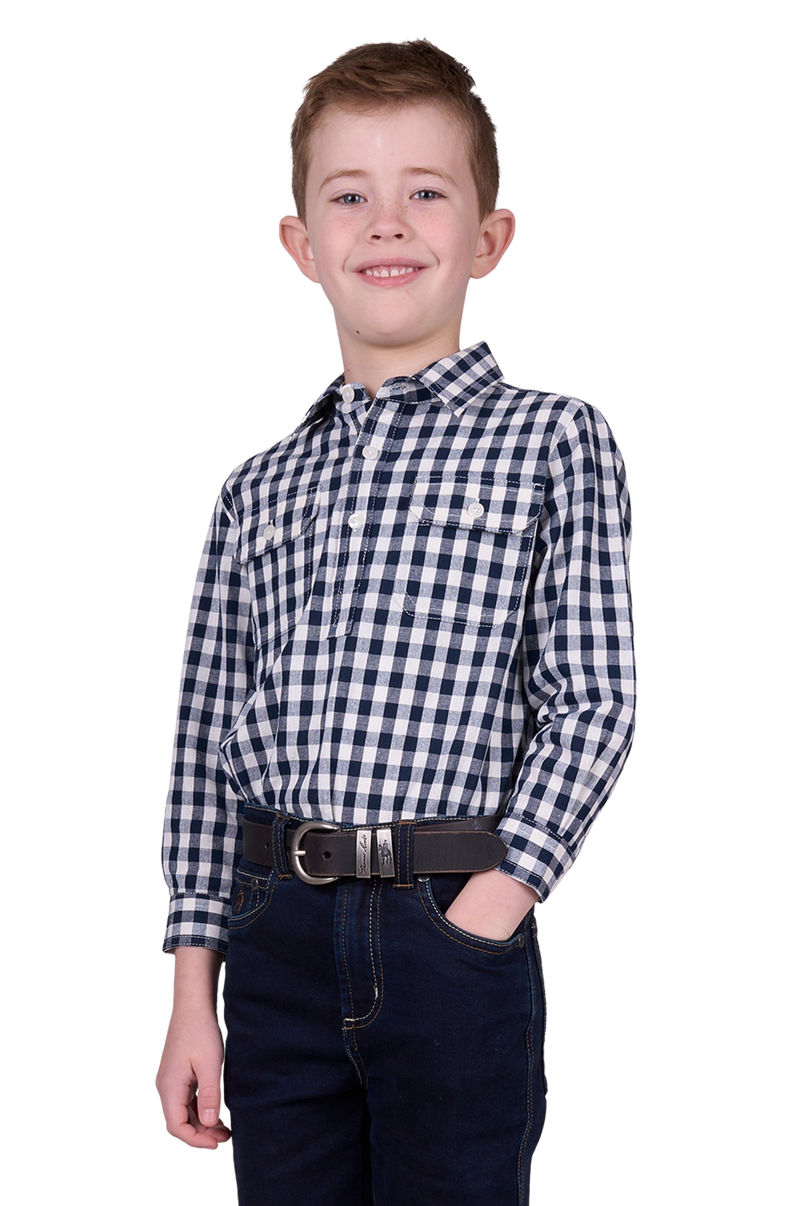 Hard Slog Boy's Dell 1/2 Placket L/S Shirt. A boy wearing a long sleeve checkered shirt with a half placket and logo buttons, paired with trousers and a belt.