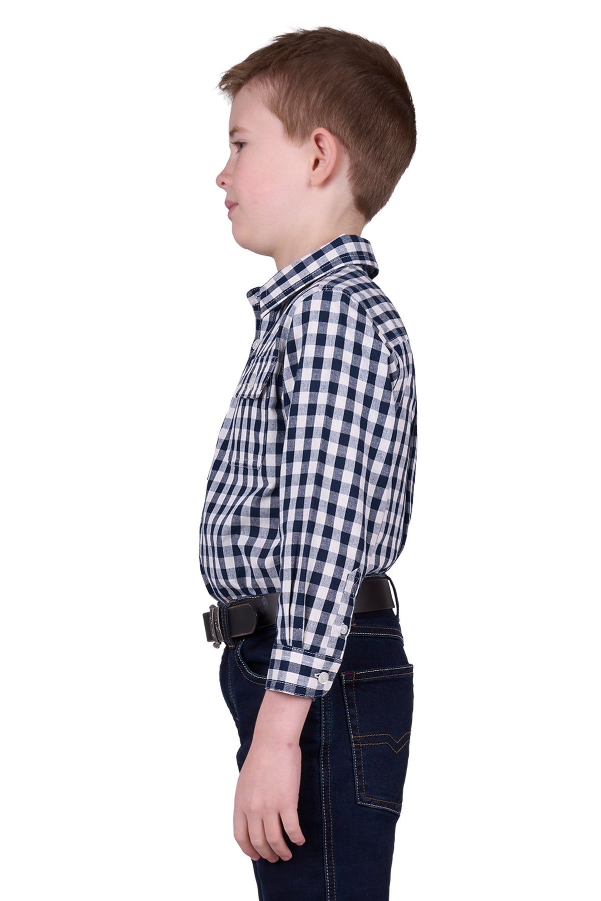 Hard Slog Boy's Dell 1/2 Placket L/S Shirt. A boy wearing a long sleeve checkered shirt with a half placket and logo buttons, paired with trousers and a belt.