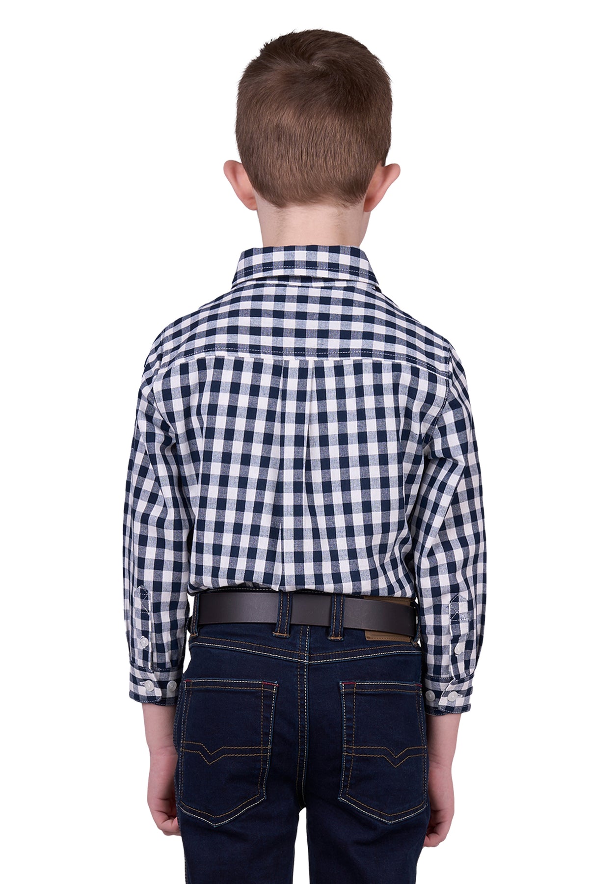 Hard Slog Boy's Dell 1/2 Placket L/S Shirt. A boy wearing a long sleeve checkered shirt with a half placket and logo buttons, paired with trousers and a belt.