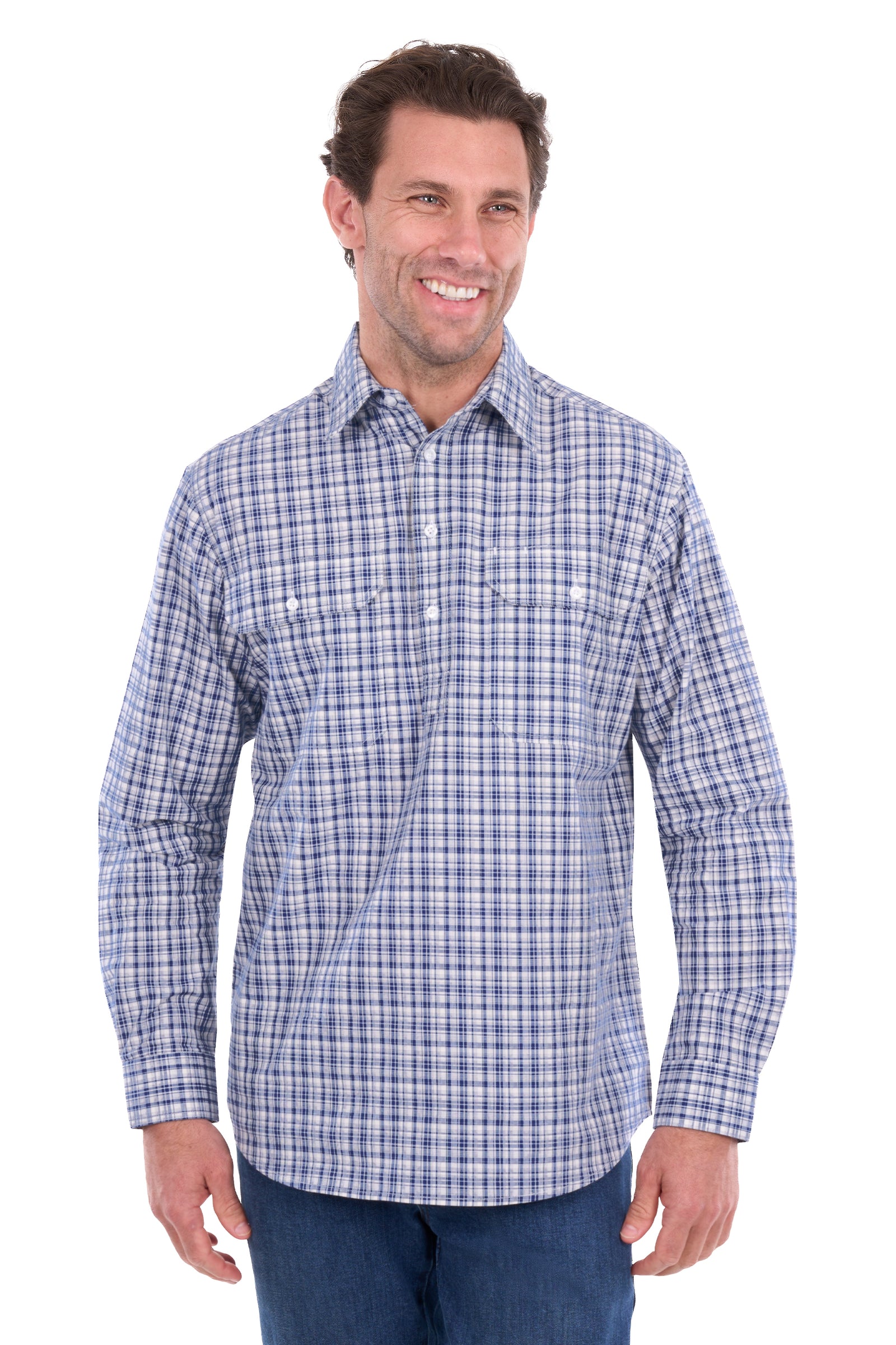 A man wearing a long-sleeve button-down plaid shirt in blue and white, paired with dark blue jeans, photographed against a solid white background.