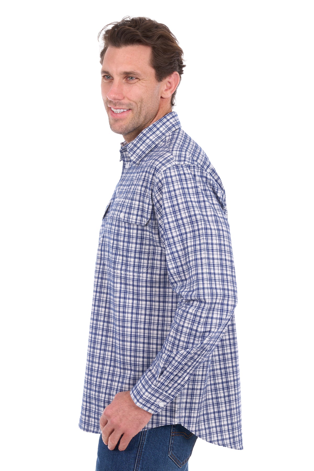 A man wearing a blue and white plaid long-sleeve button-down shirt, shown in profile against a plain white background.