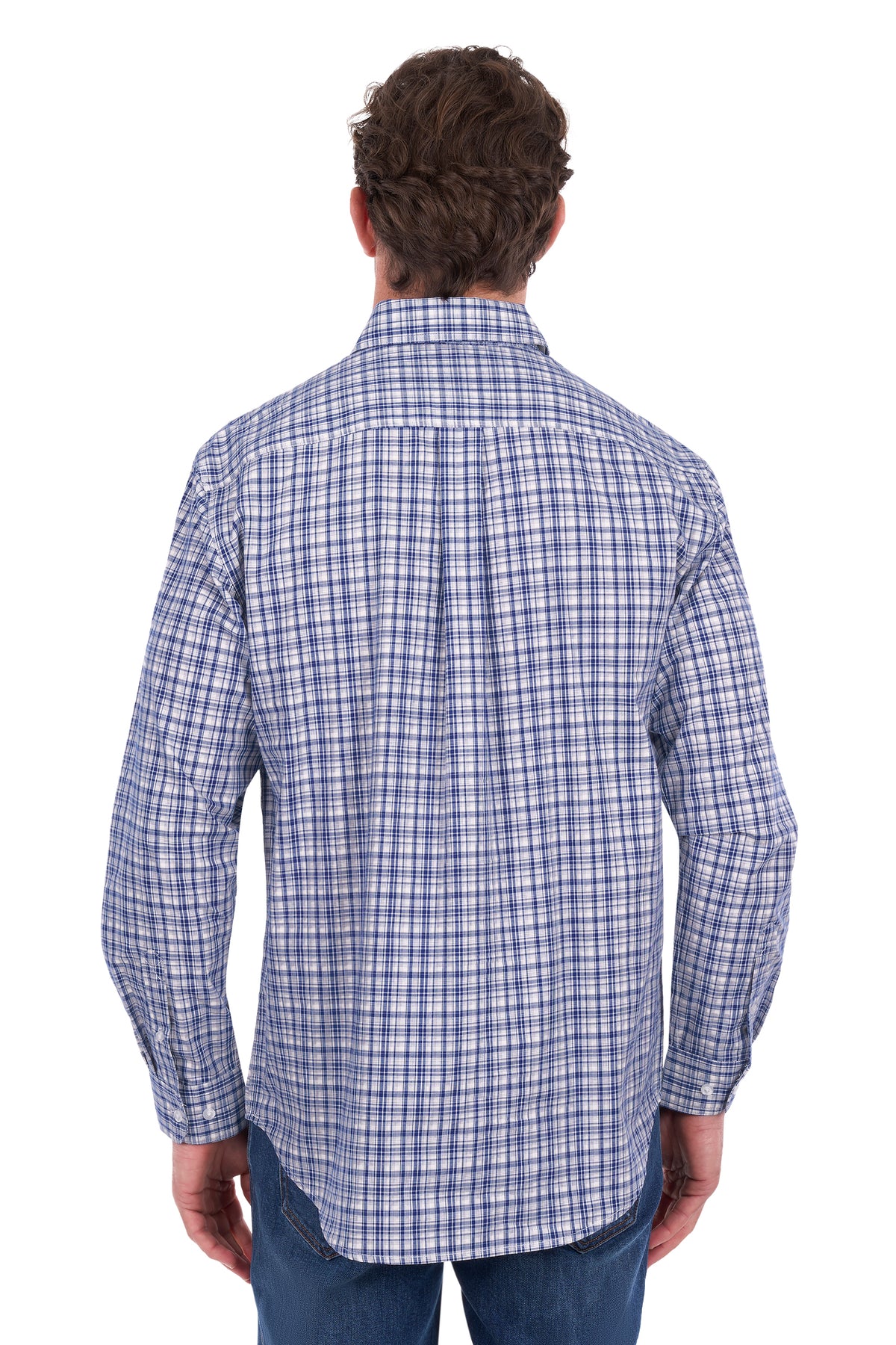 A man viewed from the back wearing a blue and white plaid long-sleeve button-down shirt and blue jeans, set against a plain white background.