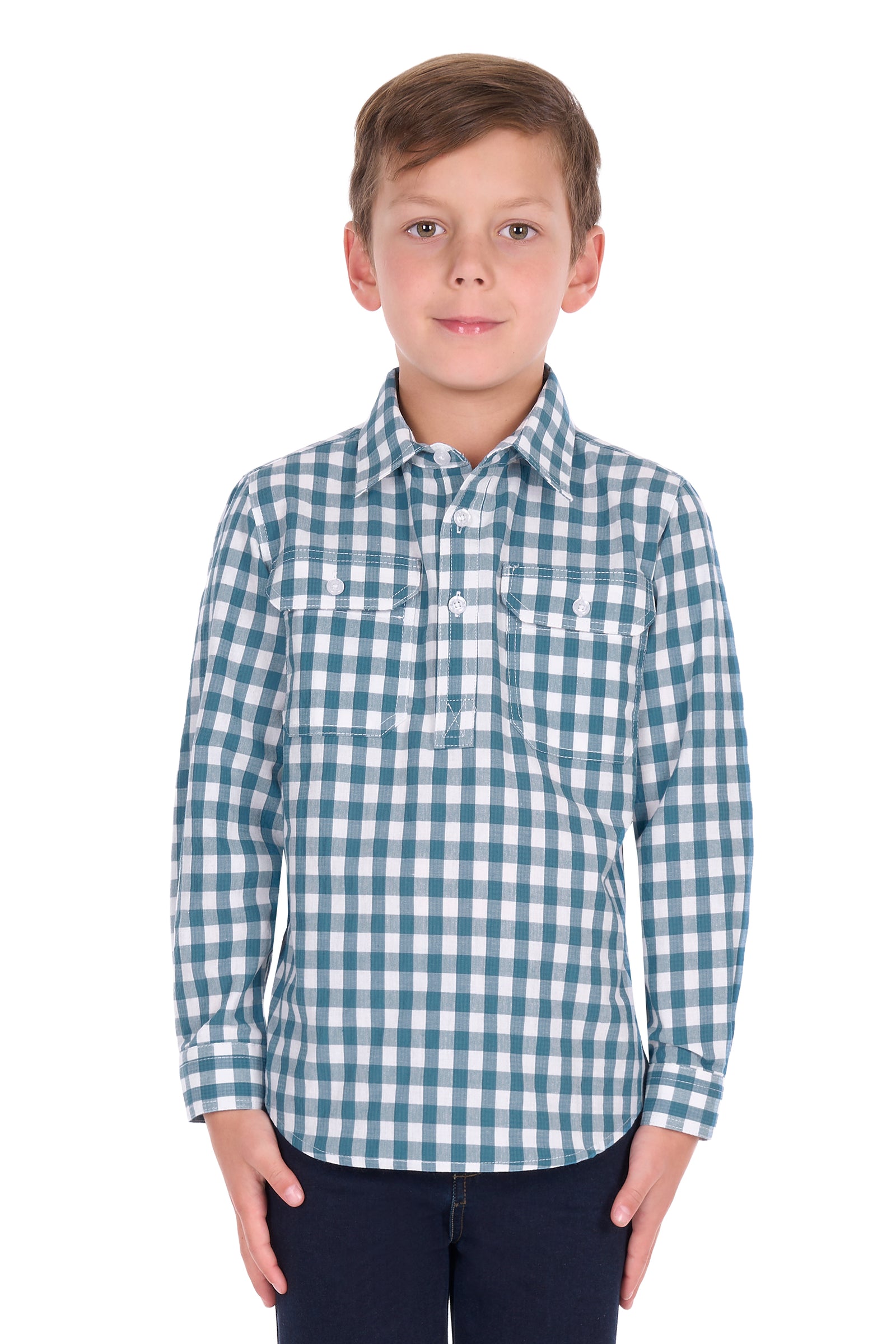 A young boy modeling a long-sleeve button-up shirt with a blue and white gingham check pattern, paired with dark pants, against a plain white background.
