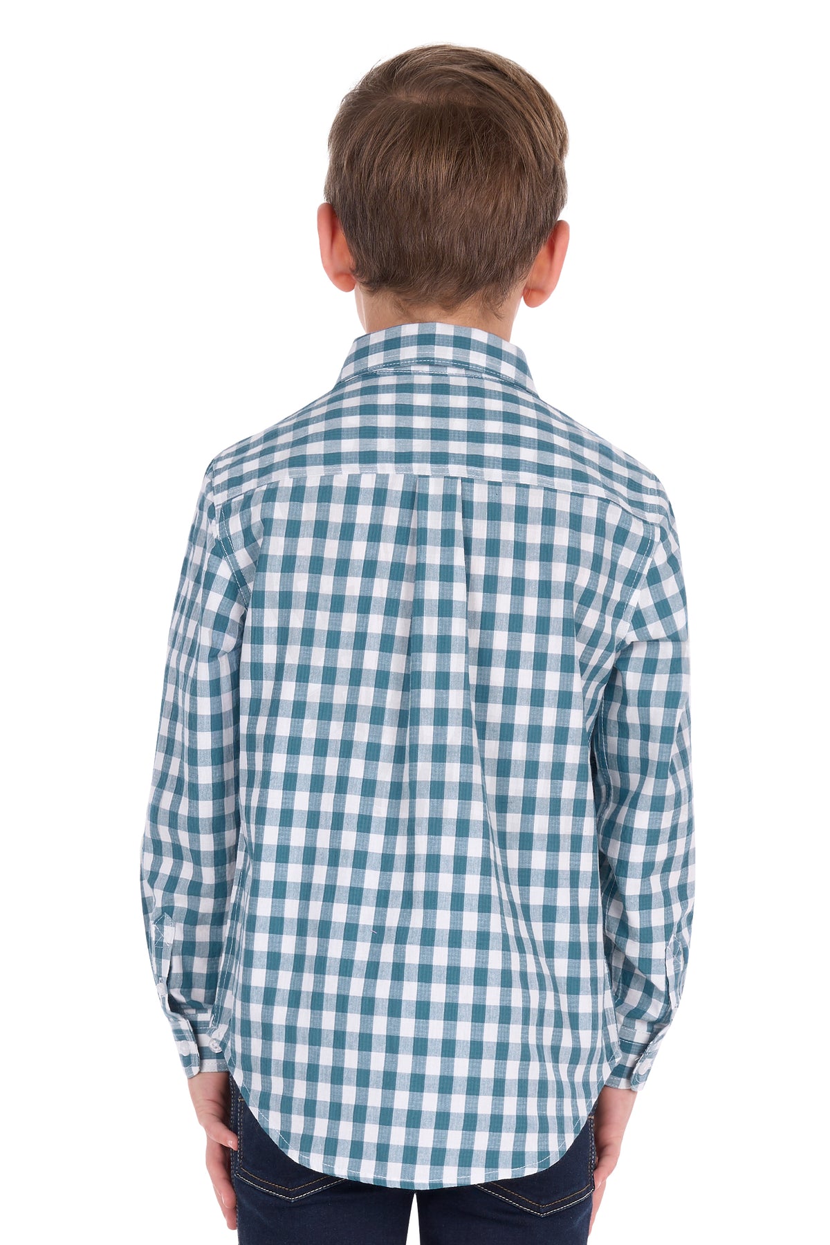 A child viewed from the back wearing a long-sleeve button-up shirt with a blue and white gingham check pattern, paired with dark jeans, against a plain white background.