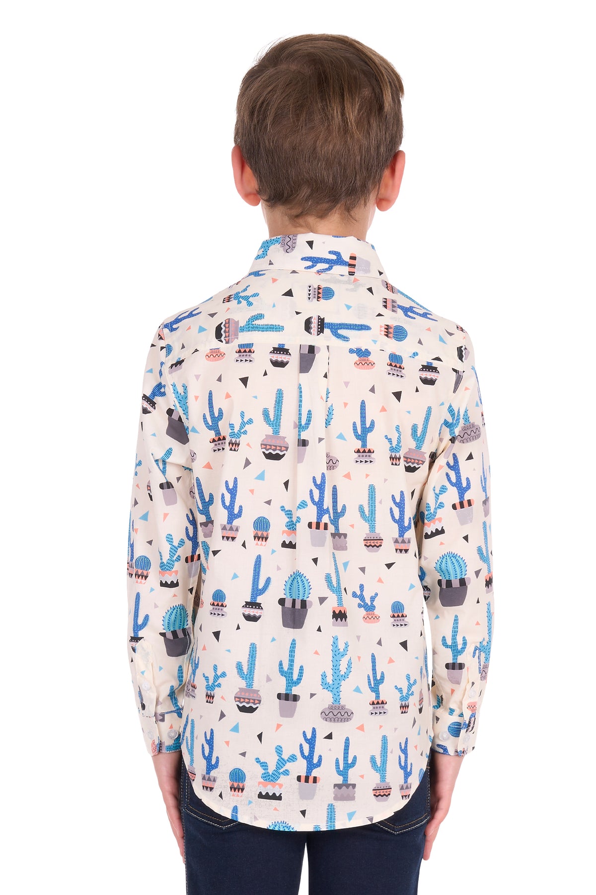 A child viewed from the back wearing a cream-colored long-sleeve button-up shirt with a blue, gray, and black cactus pattern, paired with dark blue jeans, against a plain white background.