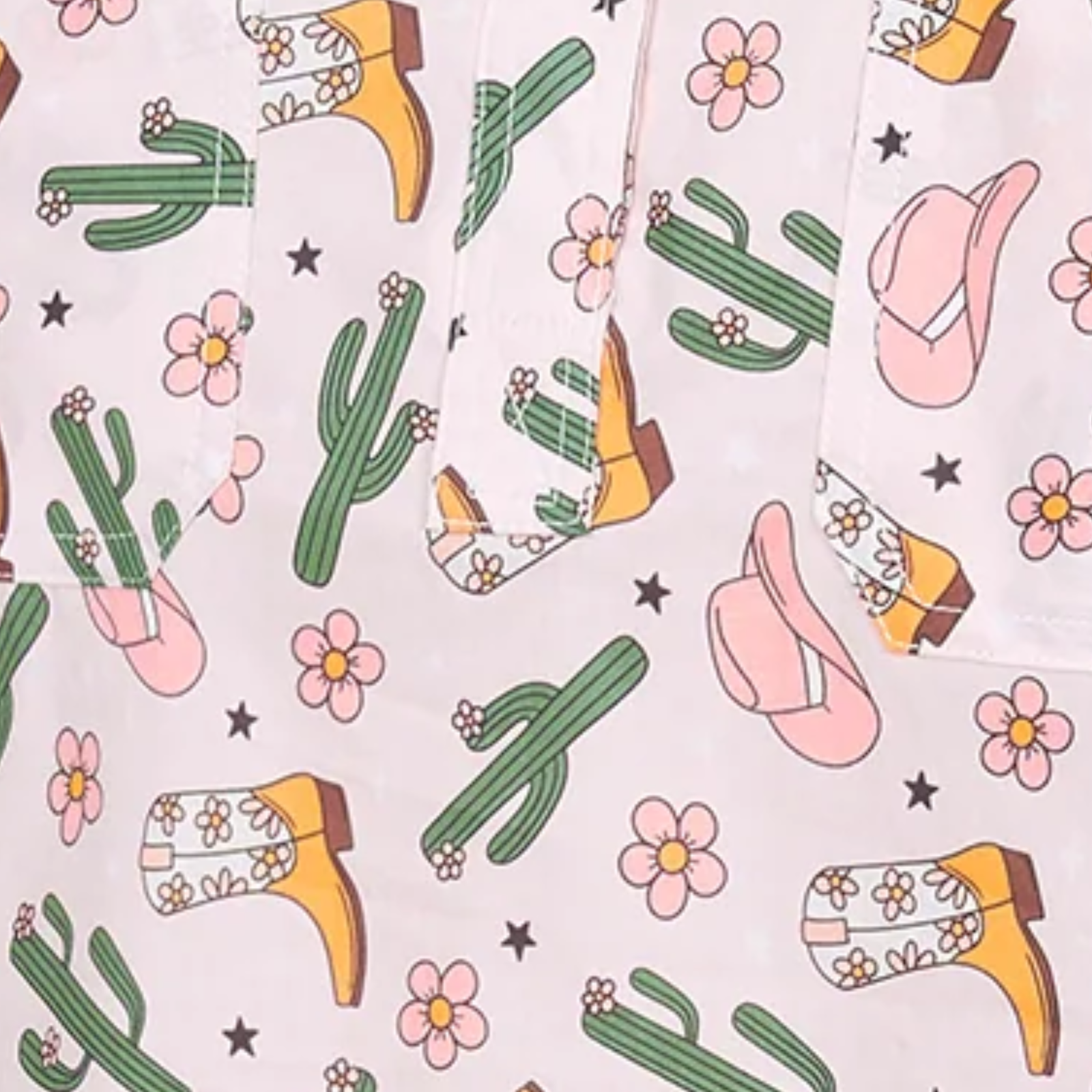 Pattern of cacti, boots, and hats on a light pink background