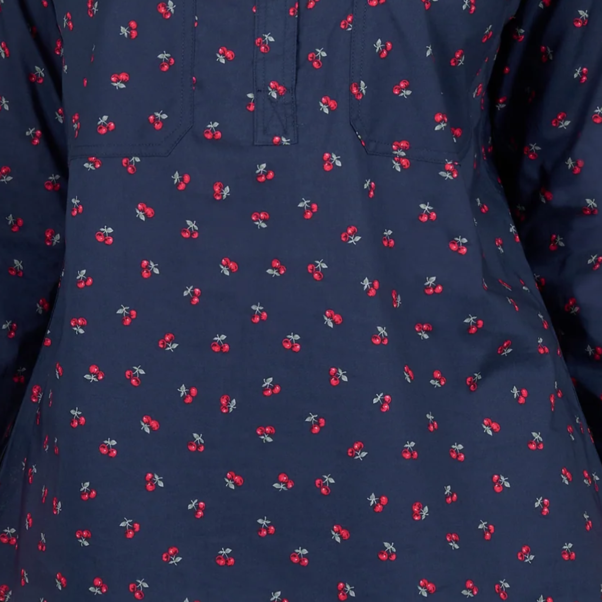 Navy blue shirt with red cherry pattern