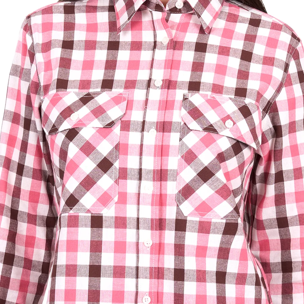 Pink and brown plaid shirt with a close-up of the chest pocket on a white background