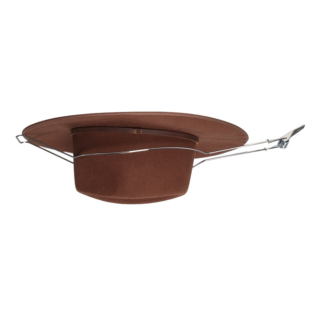 The Hat Saver. Brown metal ceiling light fixture on a white background