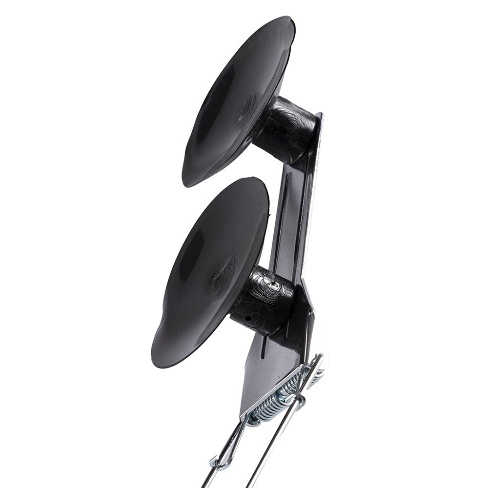 The Hat Saver Kwik Stick. Black metal lamp with two round shades on a white background