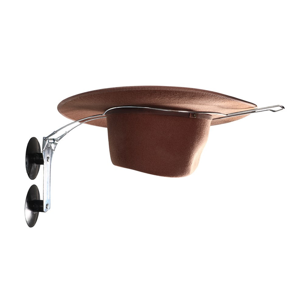 The Hat Saver Kwik Stick. Wall-mounted brown leather shelf with metal brackets on a white background