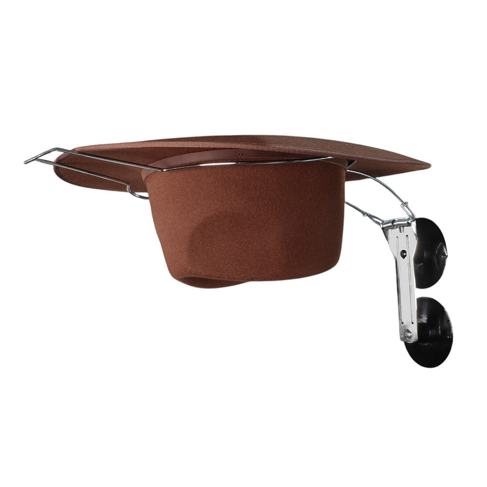 The Hat Saver Kwik Stick. Brown horse water bowl with metal stand on a white background