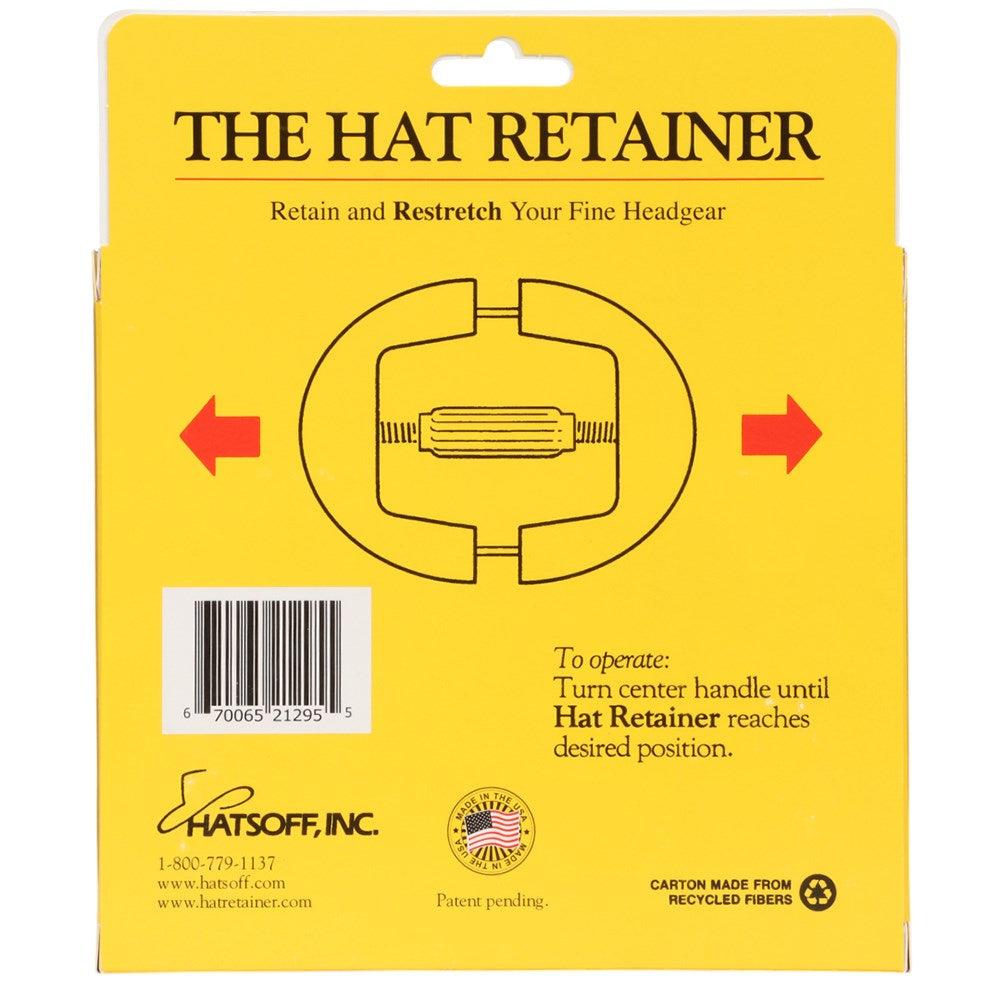 The Hat Retainer. Yellow packaging of 'The Hat Retainer' with a diagram and text on a white background