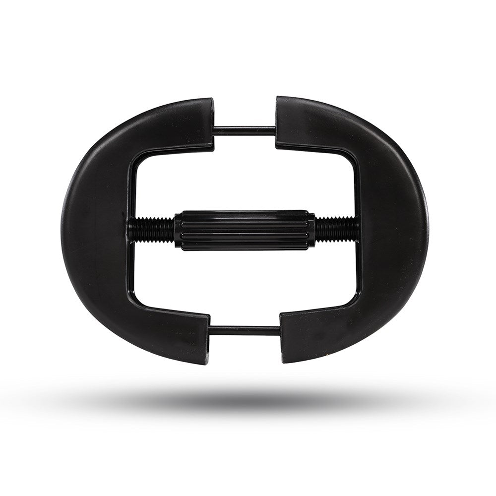 The Hat Retainer. Black C-clamp tool on a white background