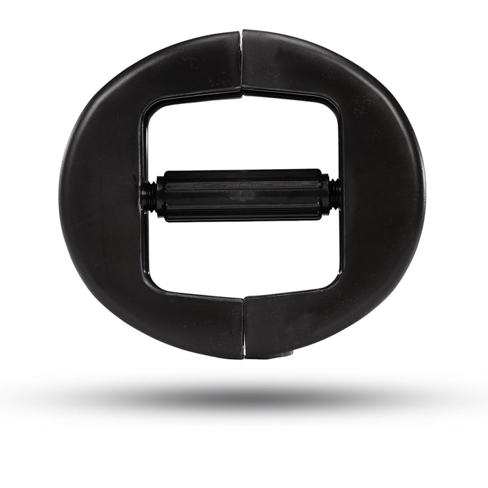 The Hat Retainer. Black circular tool with a central component on a white background