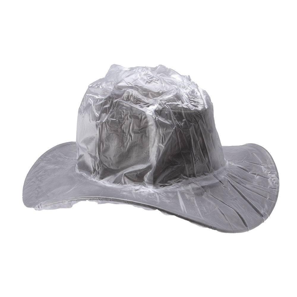 A shiny silver cowboy hat with a matching silver rain poncho cover, shown against a plain white background.