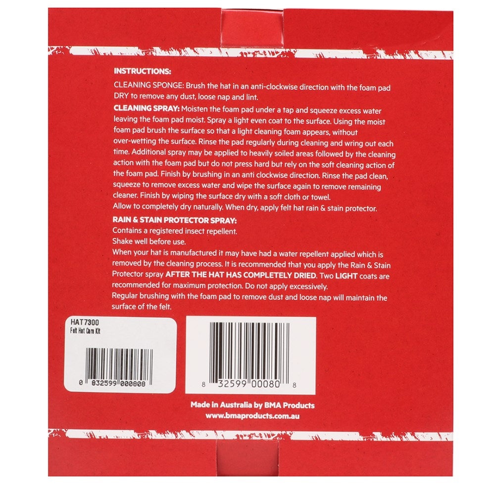 B.K. Smith Felt Hat Care Kit. Red label with cleaning instructions and product details on a red background