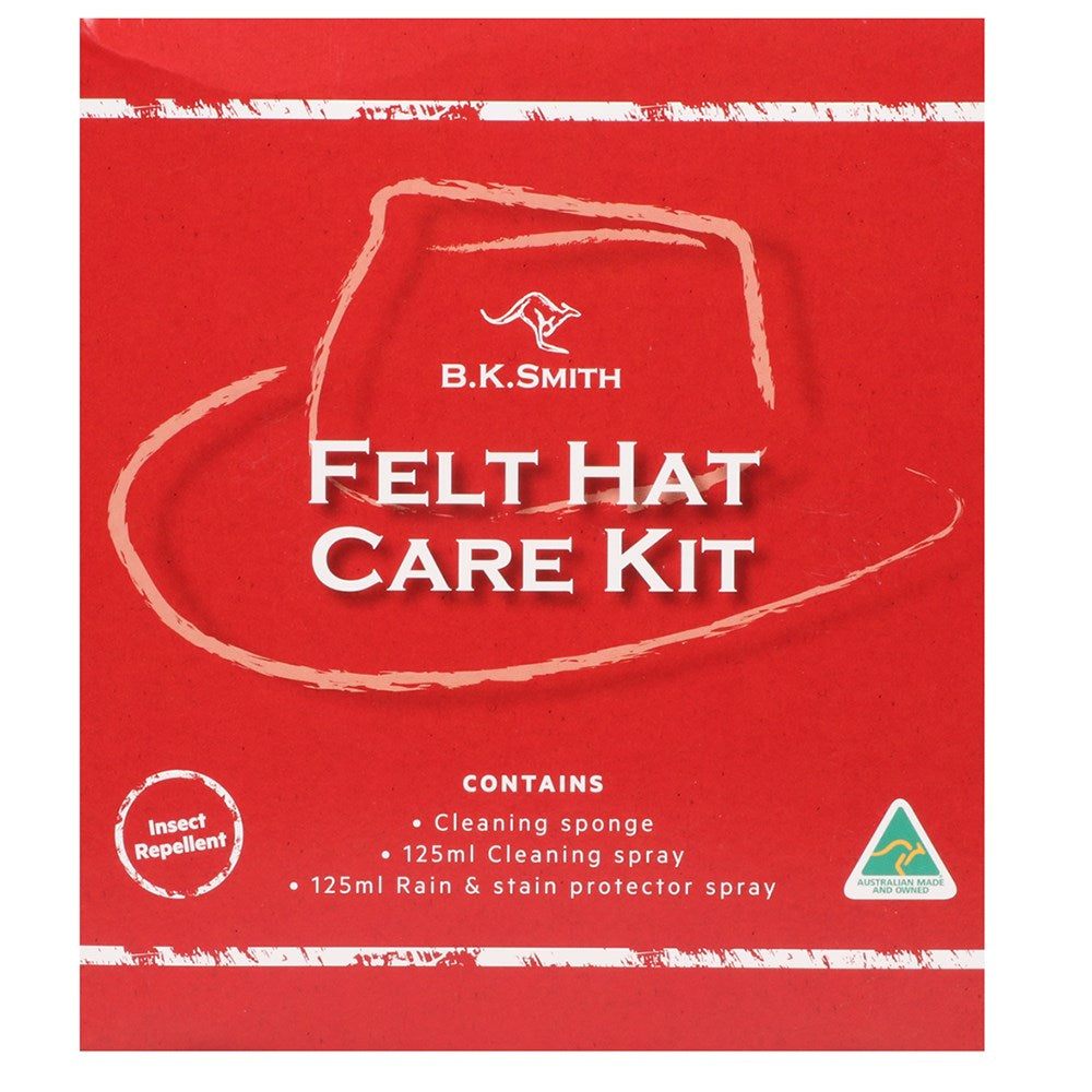 B.K. Smith Felt Hat Care Kit. Felt hat cleaning spray bottles with a sponge on a brown hat against a white background
