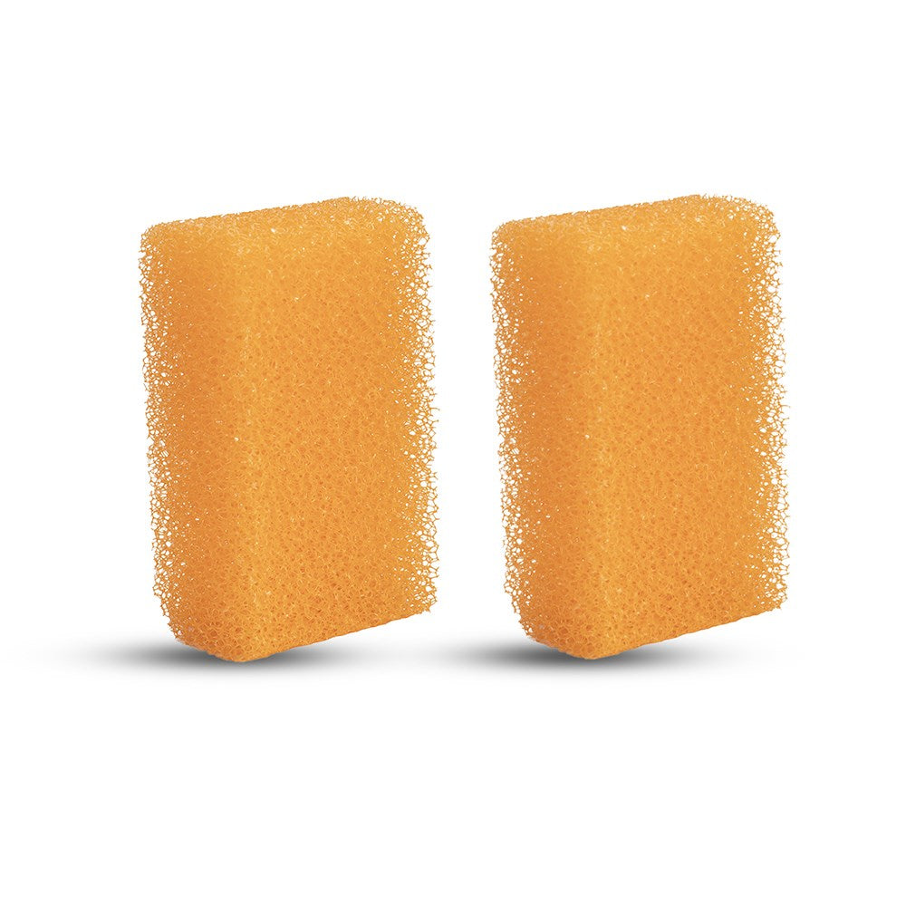 Two orange foam filters on a white background
