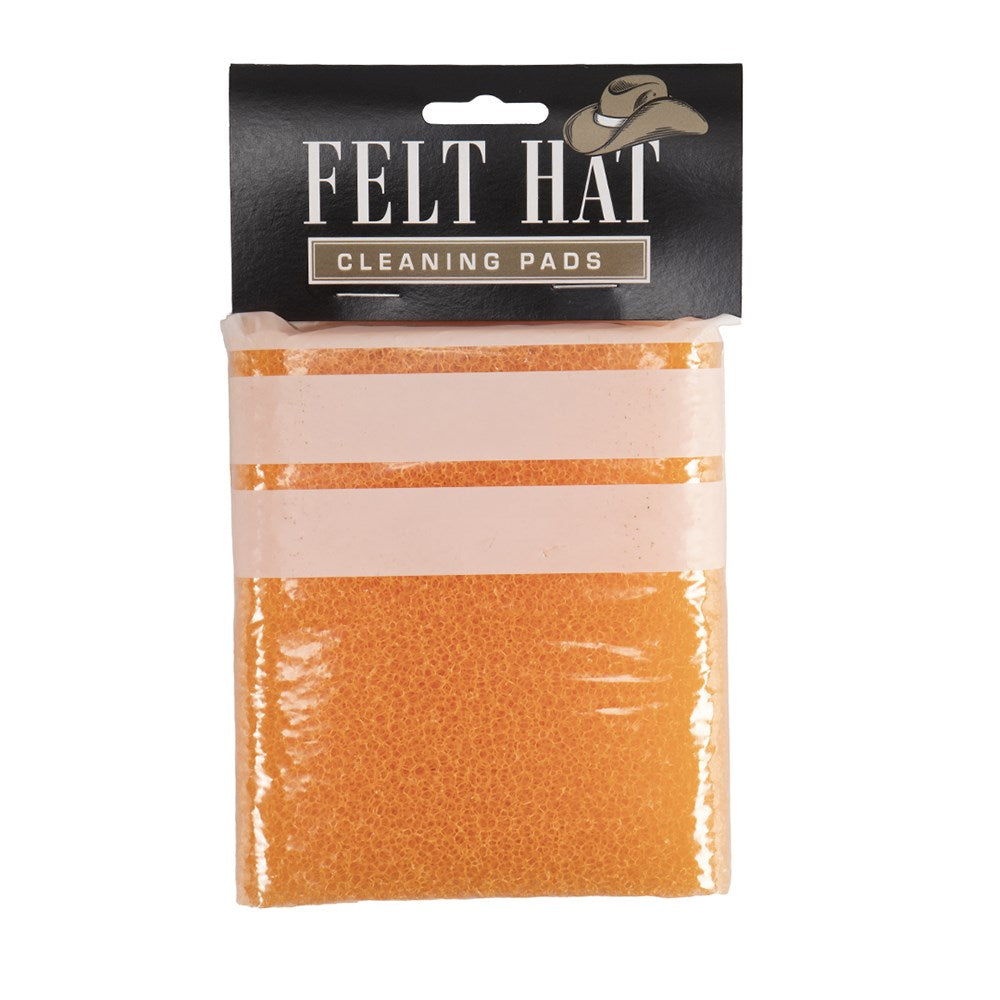 Pack of Felt Hat Cleaning Pads in orange and light pink, sealed in clear plastic with a black header card featuring the Felt Hat brand and a cowboy hat graphic.