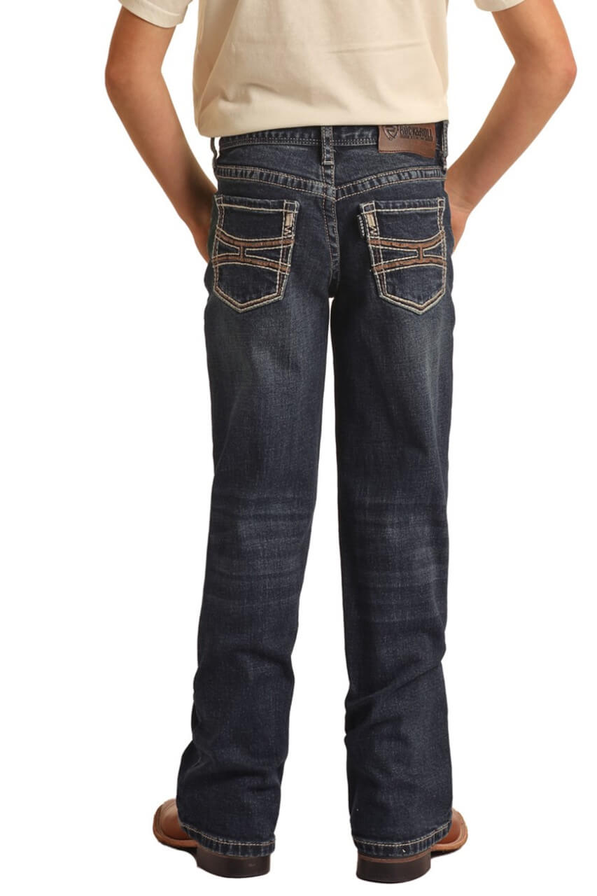 Rock & Roll Denim Boy's Hooey Revolver Slim Straight Jean. A pair of slim straight dark vintage jeans for boys with leather H-stitch pocket detail.
