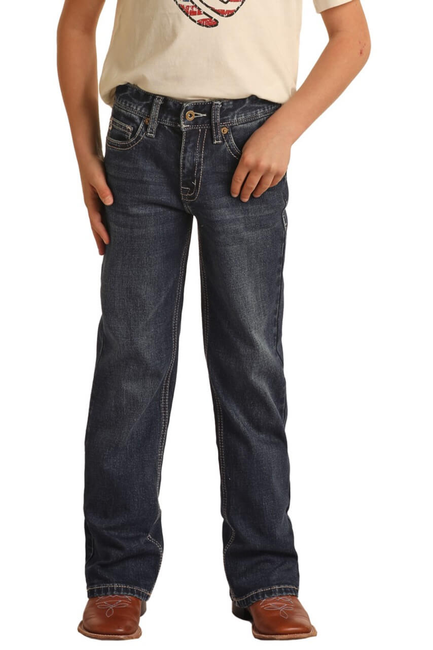 Rock & Roll Denim Boy's Hooey Revolver Slim Straight Jean. A pair of slim straight dark vintage jeans for boys with leather H-stitch pocket detail.