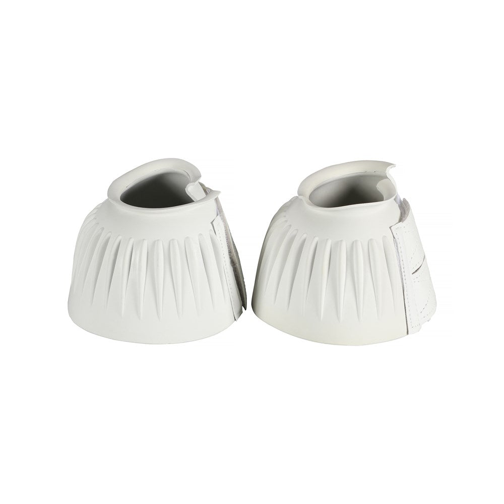 Saddlery Trading Ribbed Bell Boots w/Double Velcro. A pair of white ribbed bell boots with double Velcro closures designed for horses.