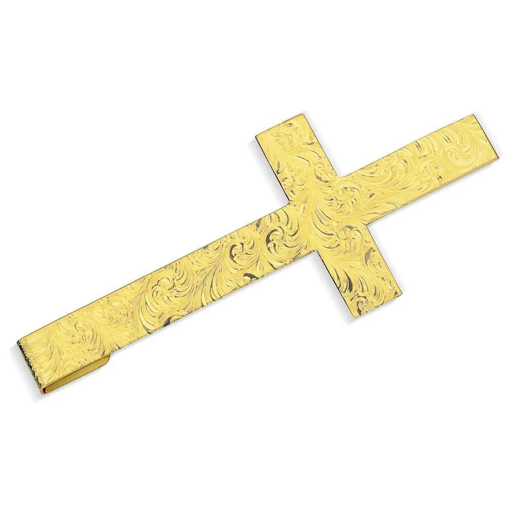 Montana Silversmiths Flourishing Faith Hat Cross. A gold tone metal hat cross with bright cut engraving, designed to be worn on a hatband.