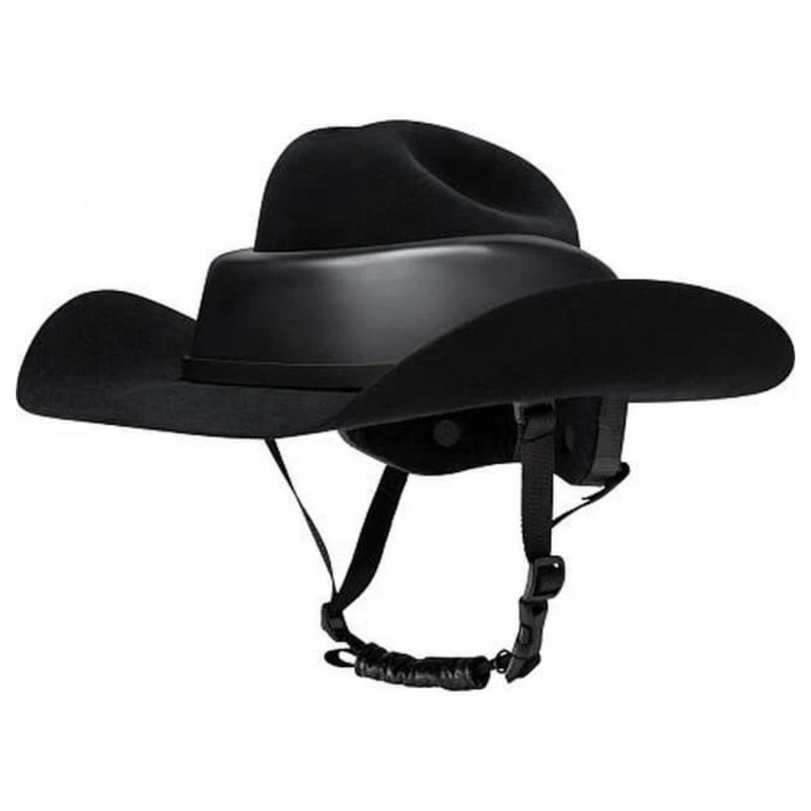 Resistol 7X Felt Ride Safe Helmet. Black cowboy hat with chin strap on a white background