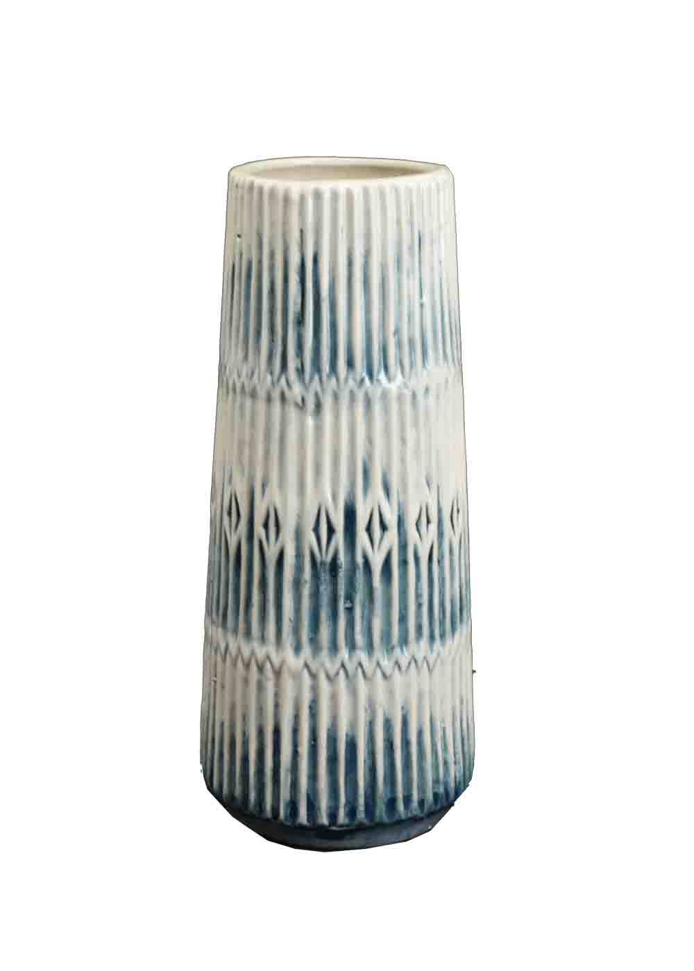 Tall cylindrical vase with geometric pattern on a white background