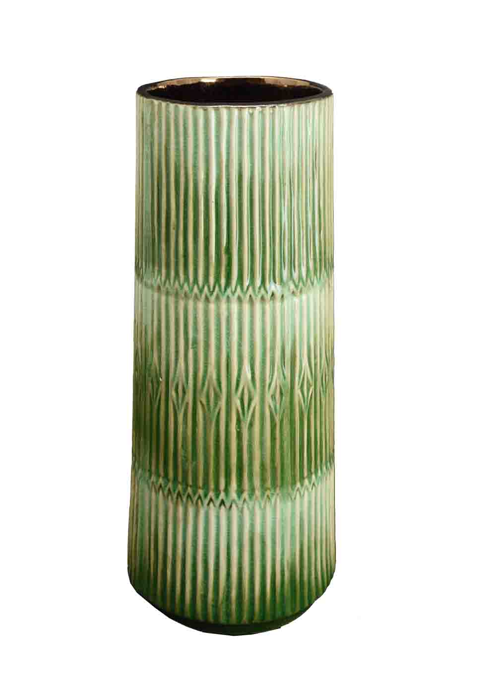 Green cylindrical vase with ribbed texture on a white background