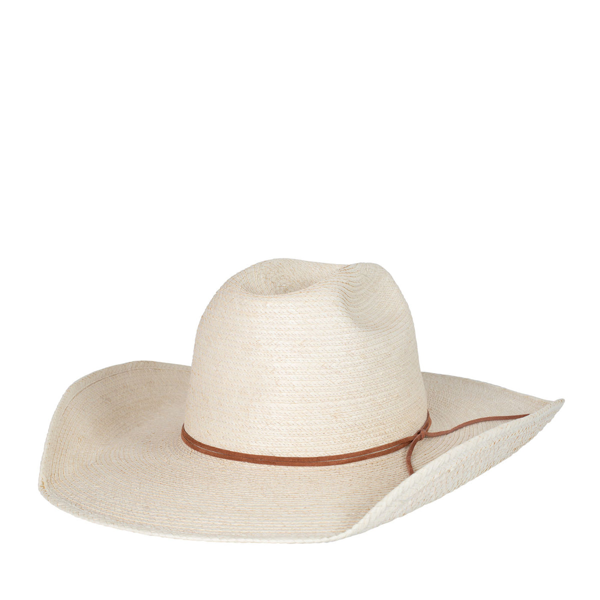 Beige straw hat with a brown band on a white background