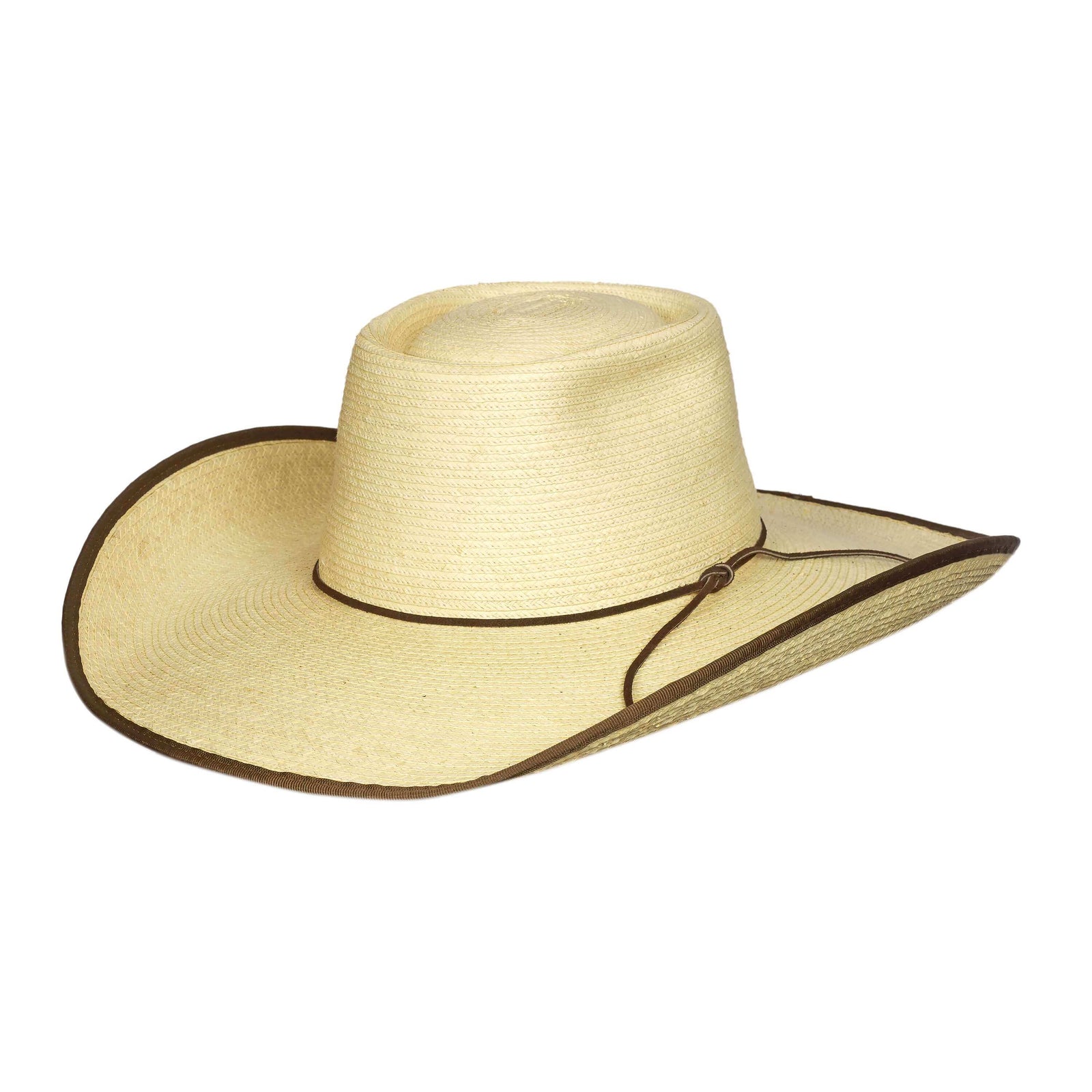 Sunbody Alex 4.5" Brim Palm Straw Cowboy Hat. A beige palm straw cowboy hat with a 4.5 inch brim, featuring a thin brown leather band around the brim.