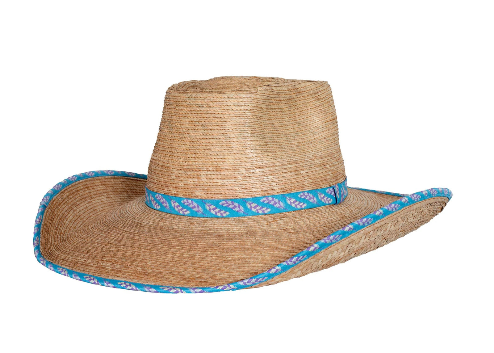Sunbody Ava 4.5" Bound Edge Palm Cowboy Hat. A palm leaf cowboy hat with a bound edge and a blue and white patterned hat band.