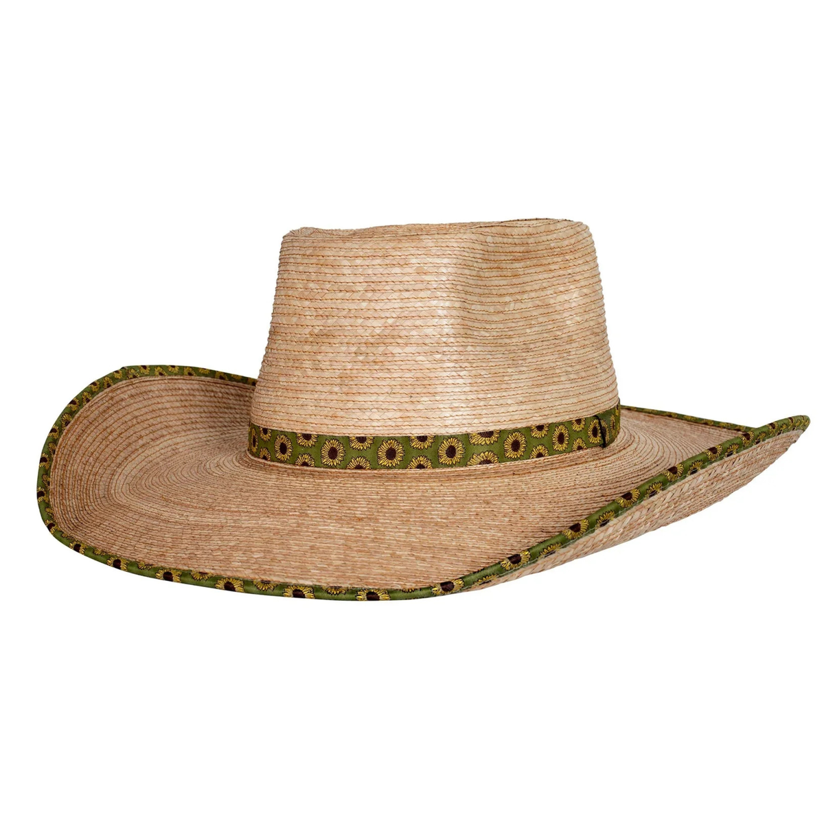 Sunbody Ava 4.5&quot; Bound Edge Palm Cowboy Hat. Straw hat with a green band on a white background