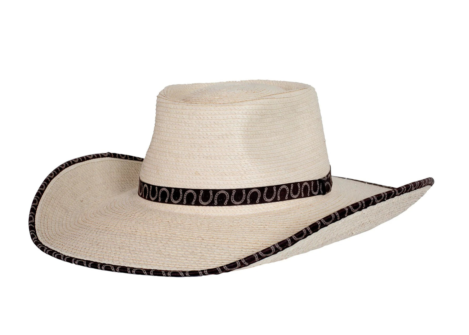 Sunbody Ava 4.5" Bound Edge Palm Cowboy Hat. A beige cowboy hat with a bound edge and a patterned hat band.