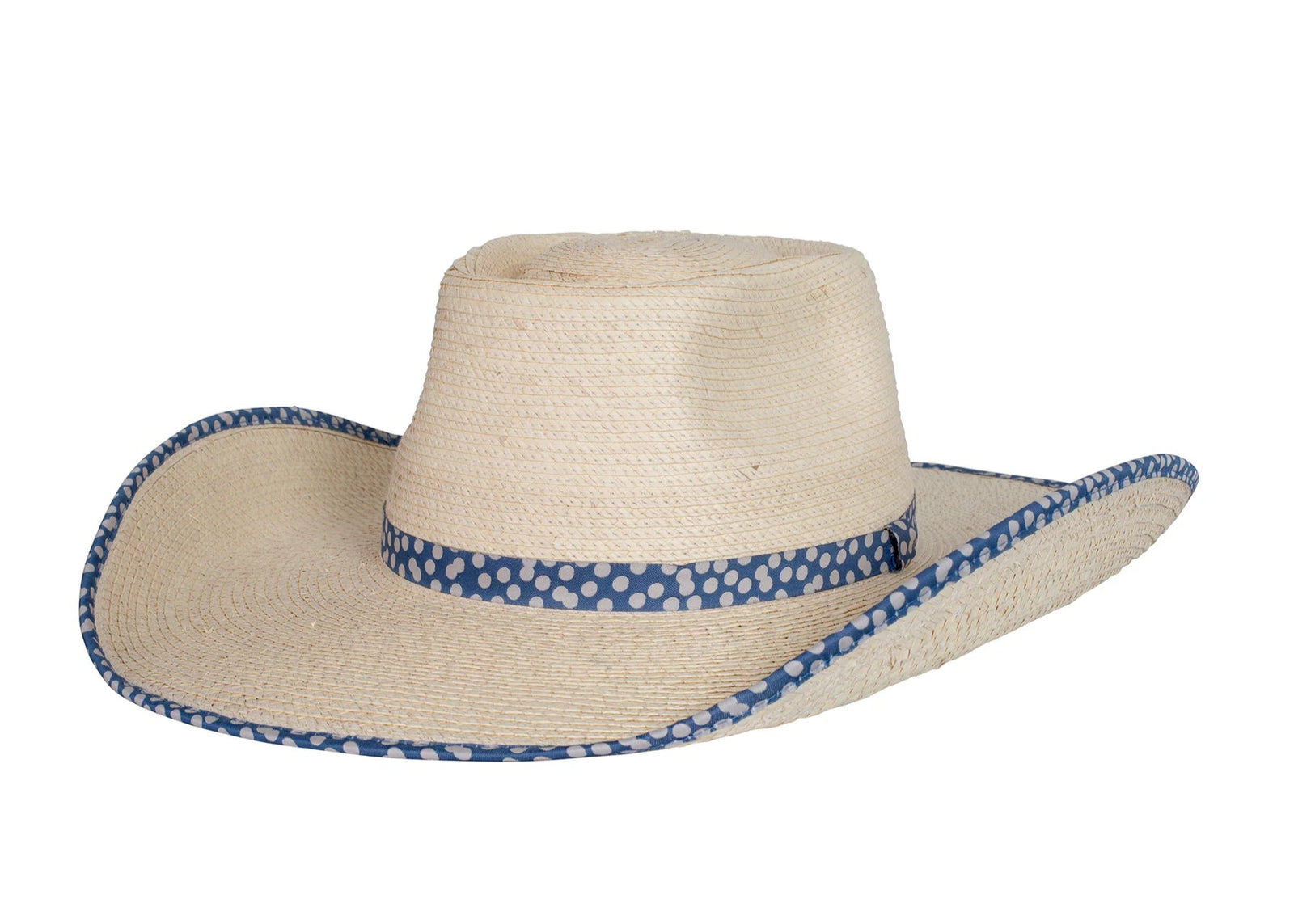 Sunbody Ava 4.5" Bound Edge Palm Cowboy Hat. A beige cowboy hat with a blue and white bound edge and matching hat band.