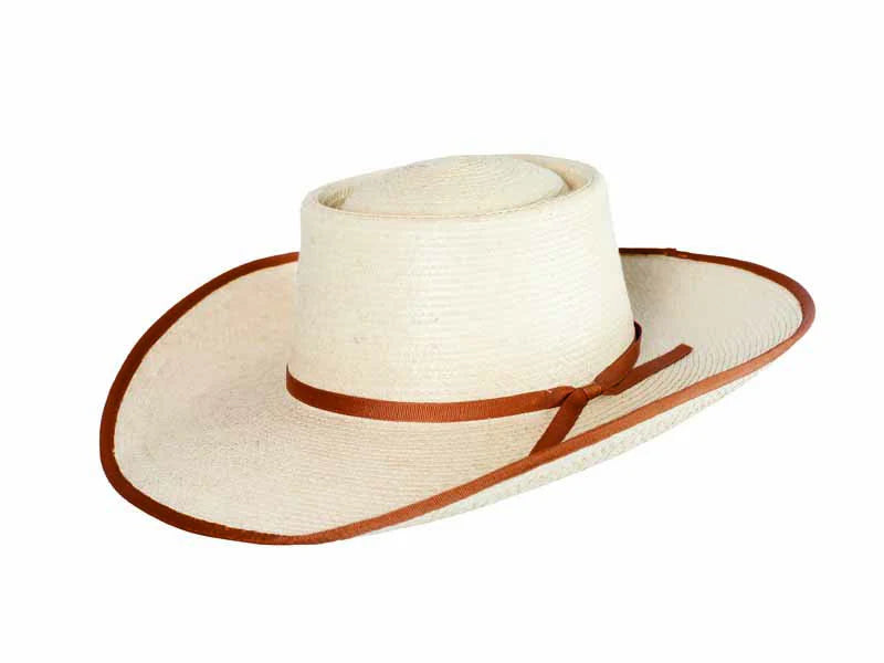 Beige straw hat with a brown band on a white background
