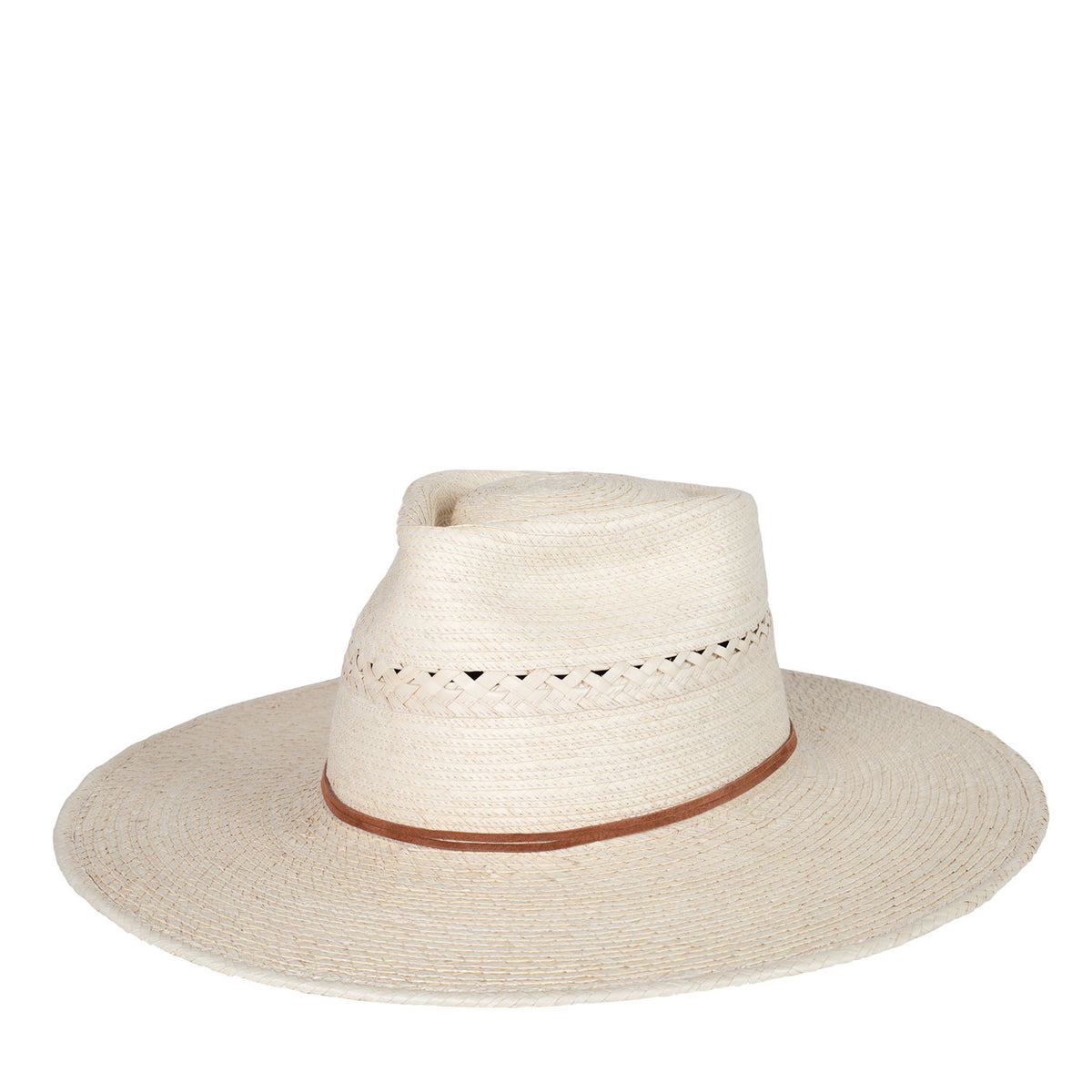 Beige straw hat with a brown band on a white background