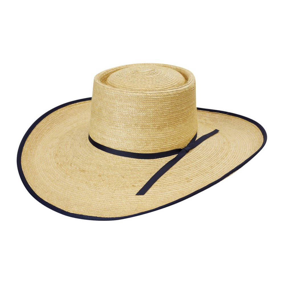 Sunbody Navy Bound 5" Brim Palm Straw Hat. A beige Sunbody navy bound 5 inch brim palm straw hat with a black band.