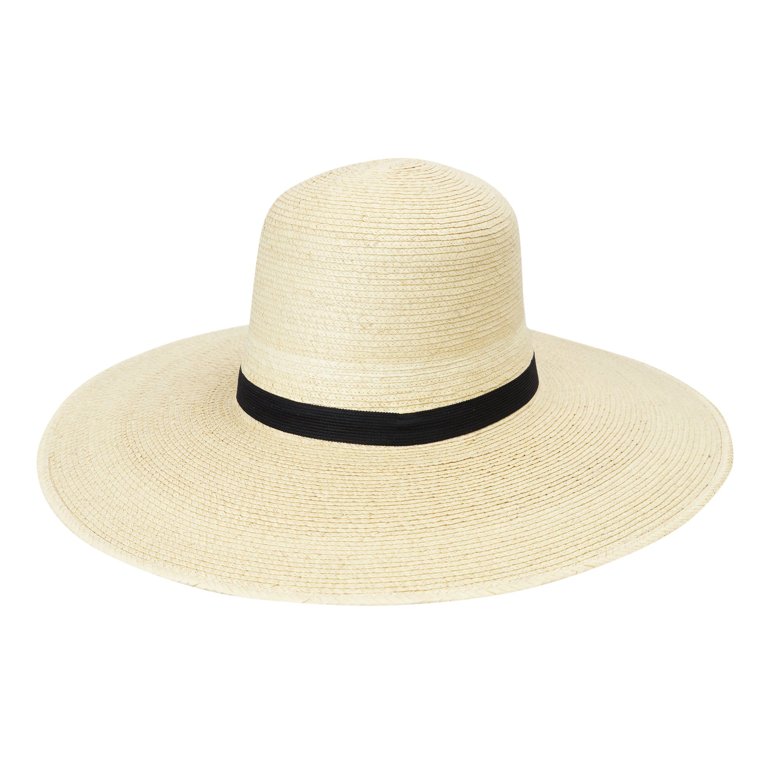 Sunbody Standard 5" Brim Palm Straw Cowboy Hat. A beige palm straw cowboy hat with a black elastic band and a 5-inch brim.