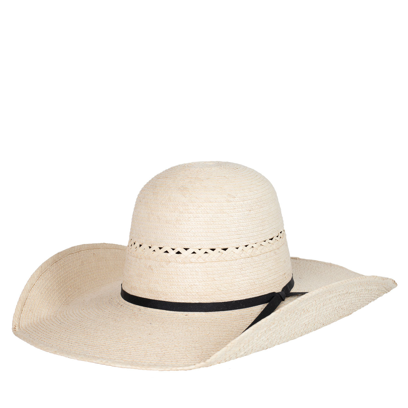 Beige straw hat with a black band on a white background