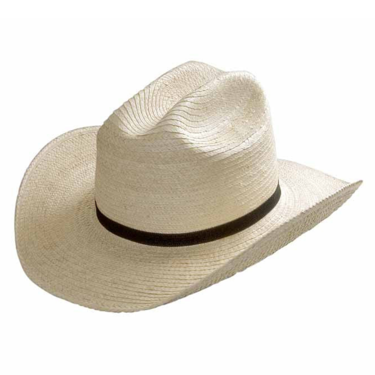 Sunbody Cattleman Kids Palm Leaf Hat. Beige cowboy hat with a black band on a white background