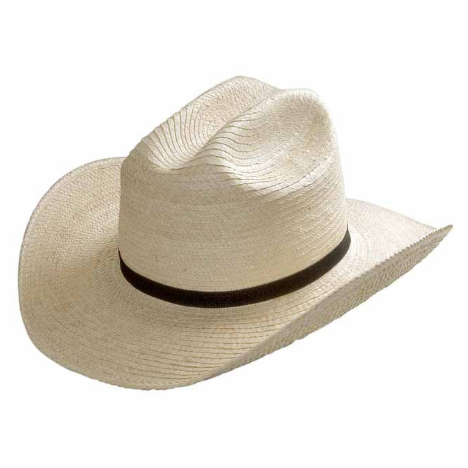 Sunbody Cattleman Kids Palm Leaf Hat. Beige cowboy hat with a black band on a white background