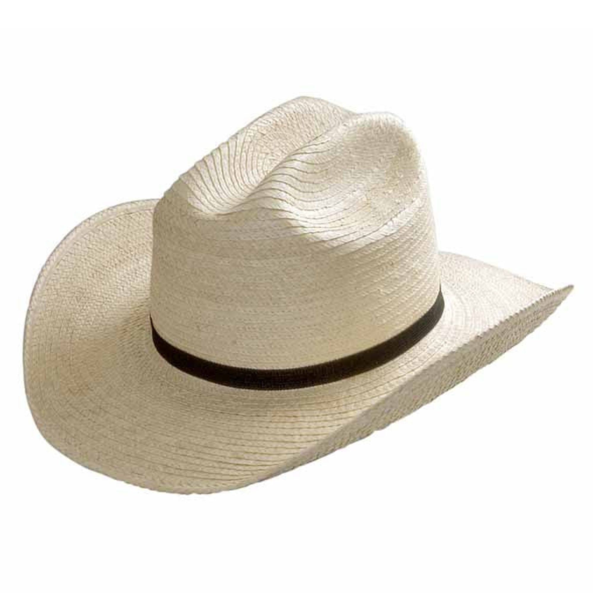 Sunbody Cattleman Kids Palm Leaf Hat. Beige cowboy hat with a black band on a white background