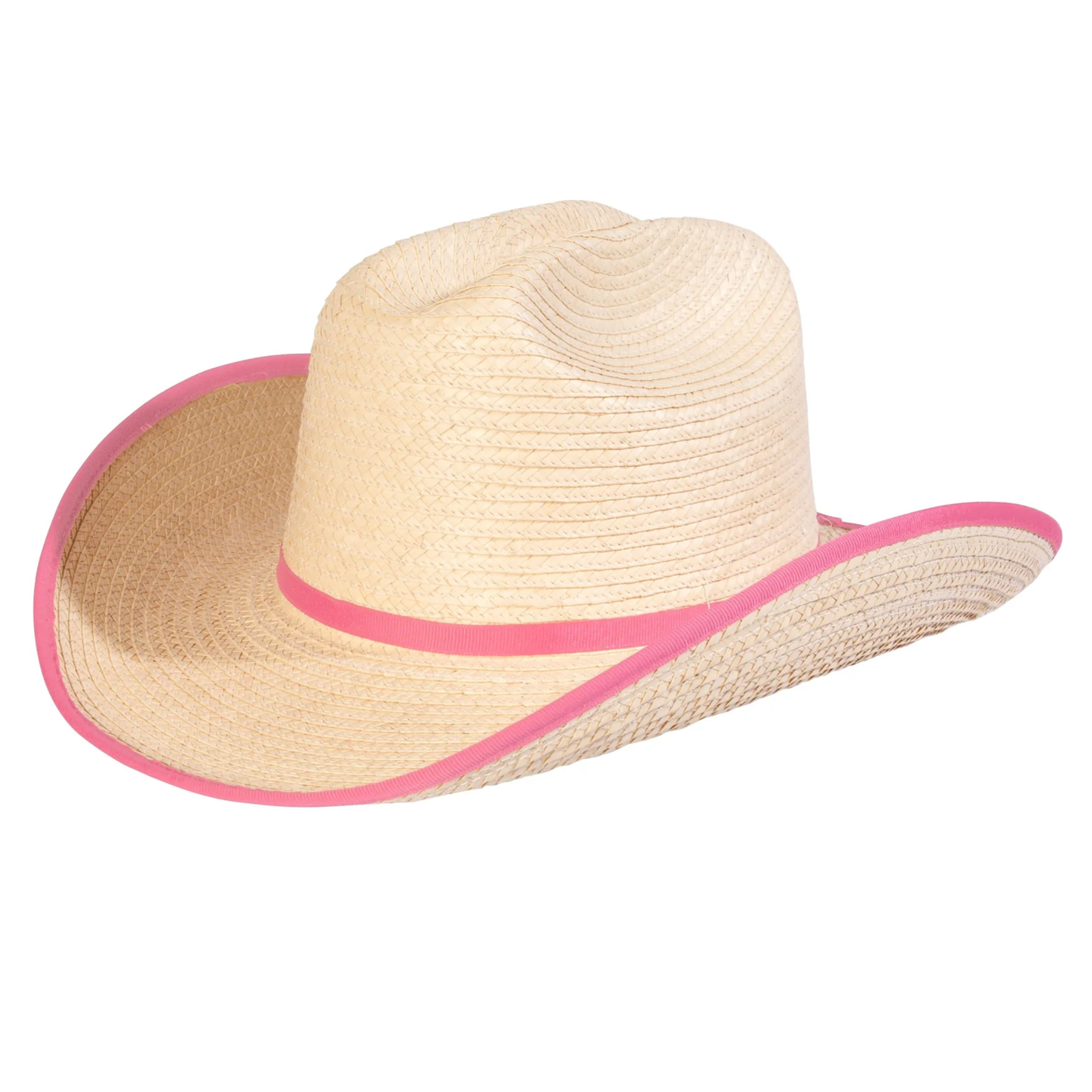 Sunbody Cattleman Kids Bound Palm Leaf Hat. Beige straw hat with pink band on a white background