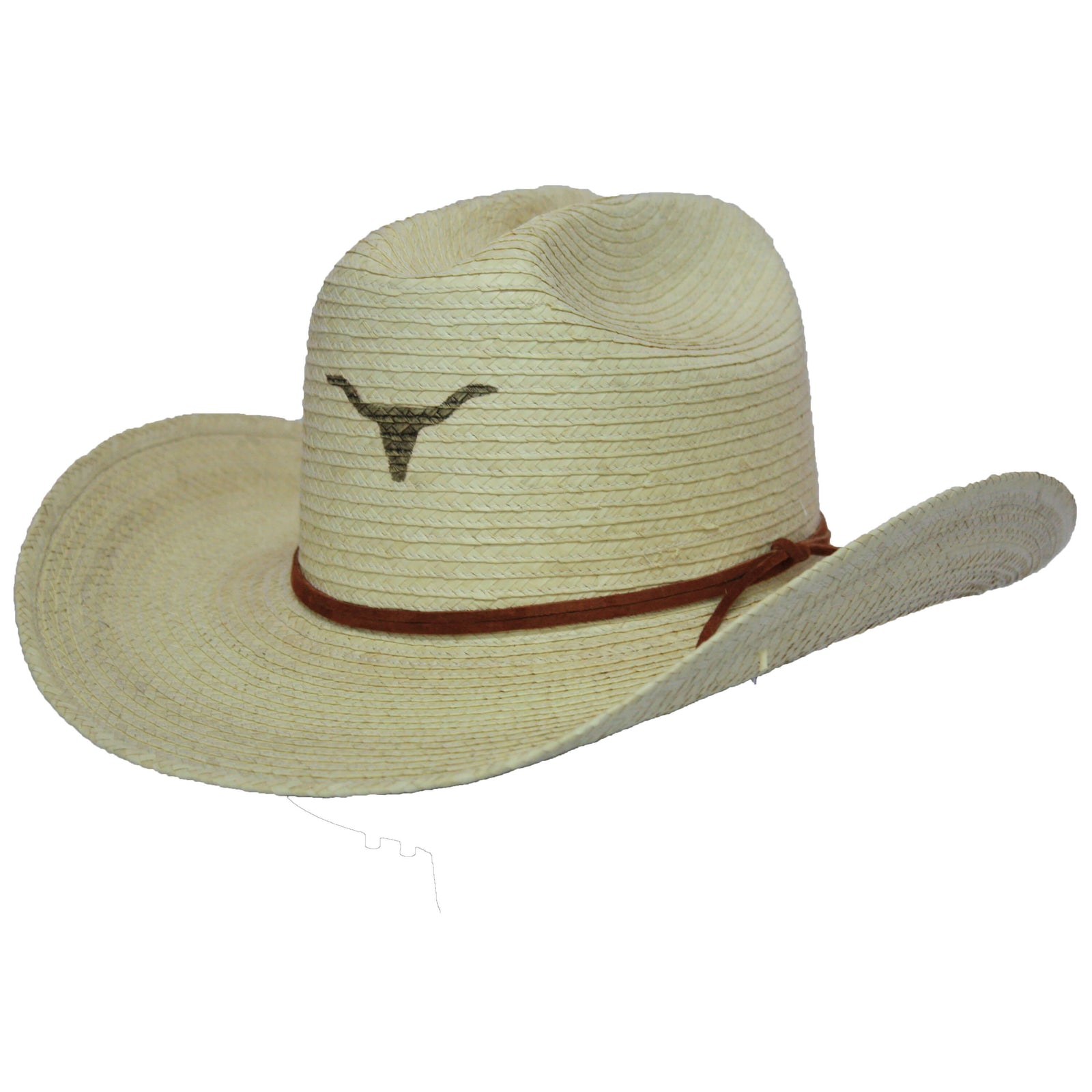 Sunbody Longhorn Kids Palm Straw Hat. A beige Sunbody Longhorn Kids Palm Straw Hat with a brown band and a longhorn logo on the crown.