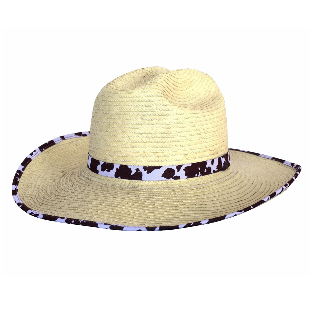 Sunbody Cow Hide Print Kids Palm Leaf Hat. Beige straw hat with a patterned band on a white background