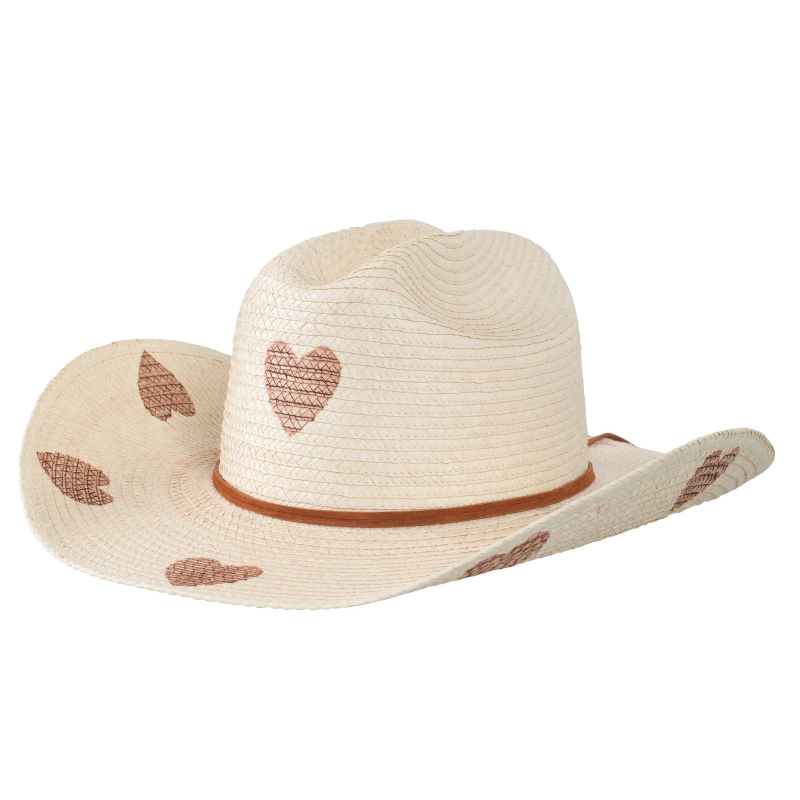Sunbody Kids Hearts Cattleman Palm Hat. A beige cowboy hat for kids with a heart pattern on the brim and crown, featuring a thin brown leather lace hatband.