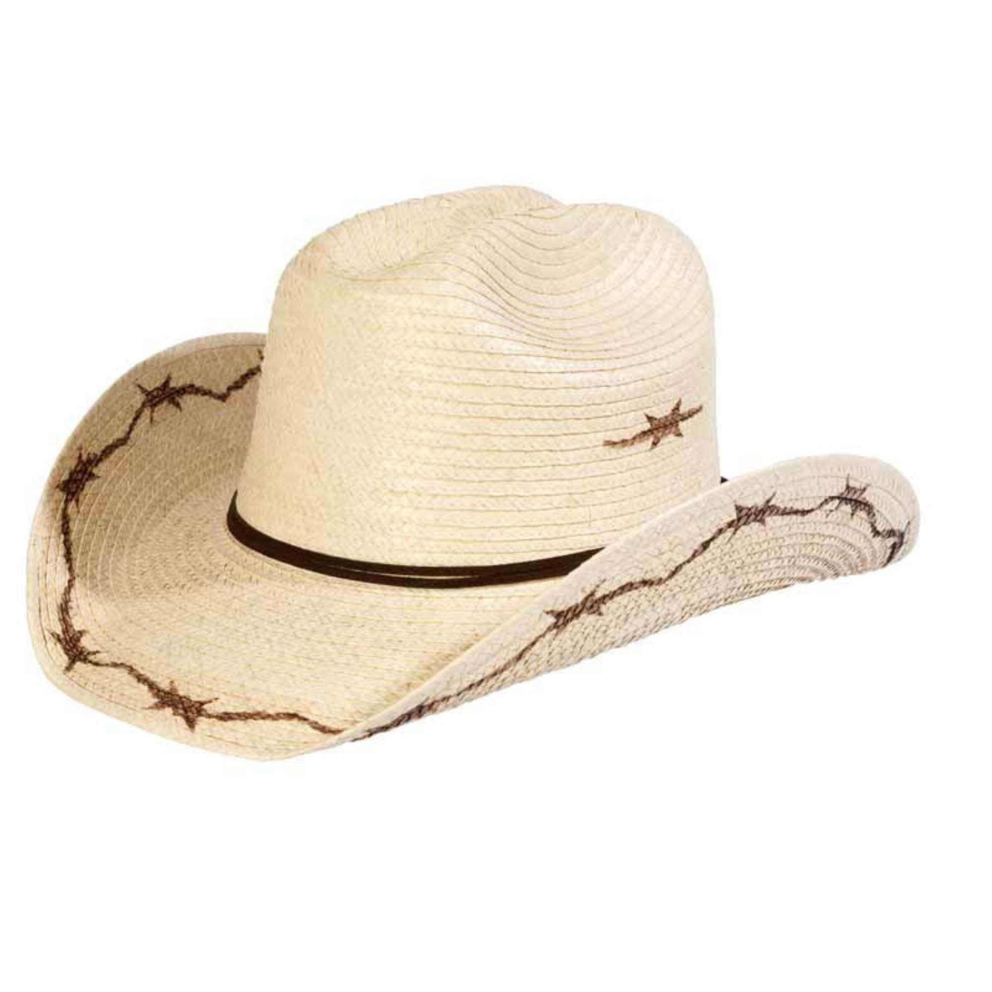 Sunbody Barbed Wire Kids Palm Leaf Hat. Beige cowboy hat with barbed wire design on a white background